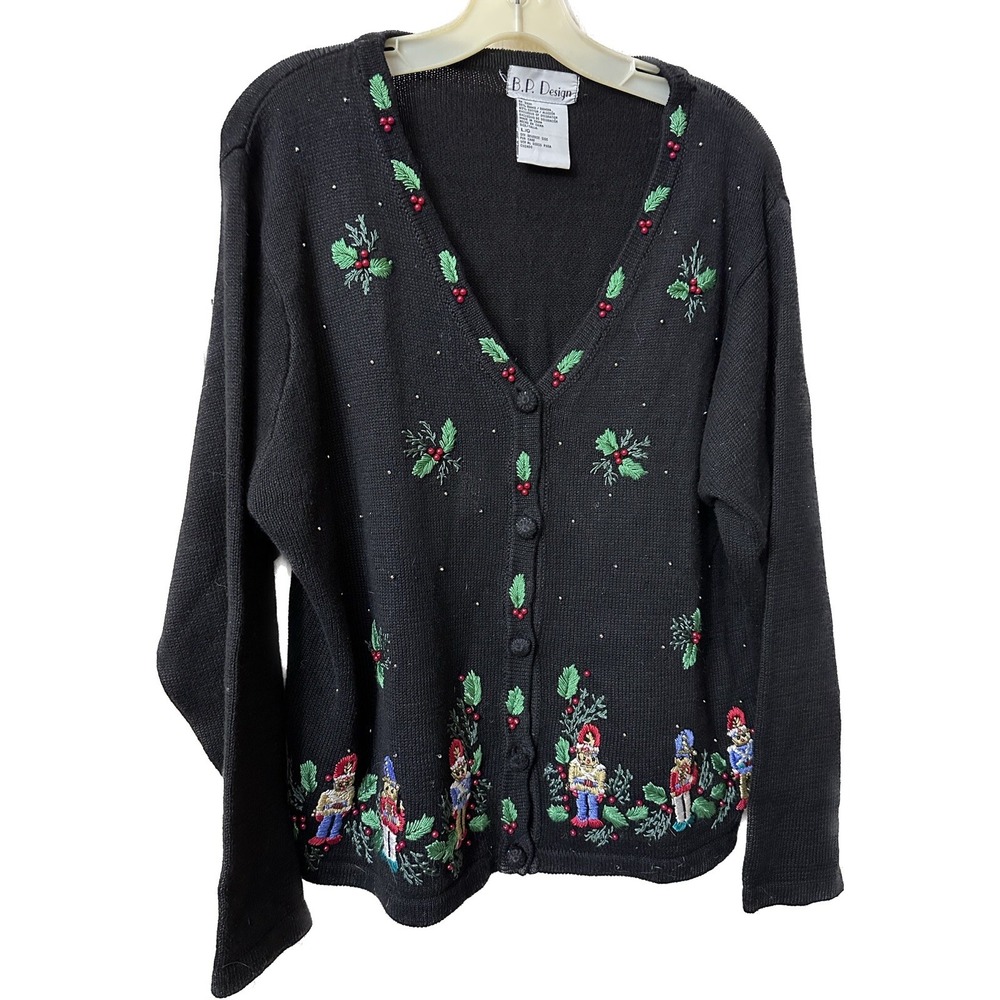 Christmas Sweater Nutcrackers Holly Leaves Black Large B.P. Designs‎ Cardigan